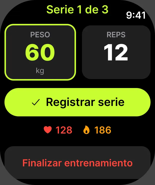 GymMind IA on Apple Watch logging a set, shown in Spanish