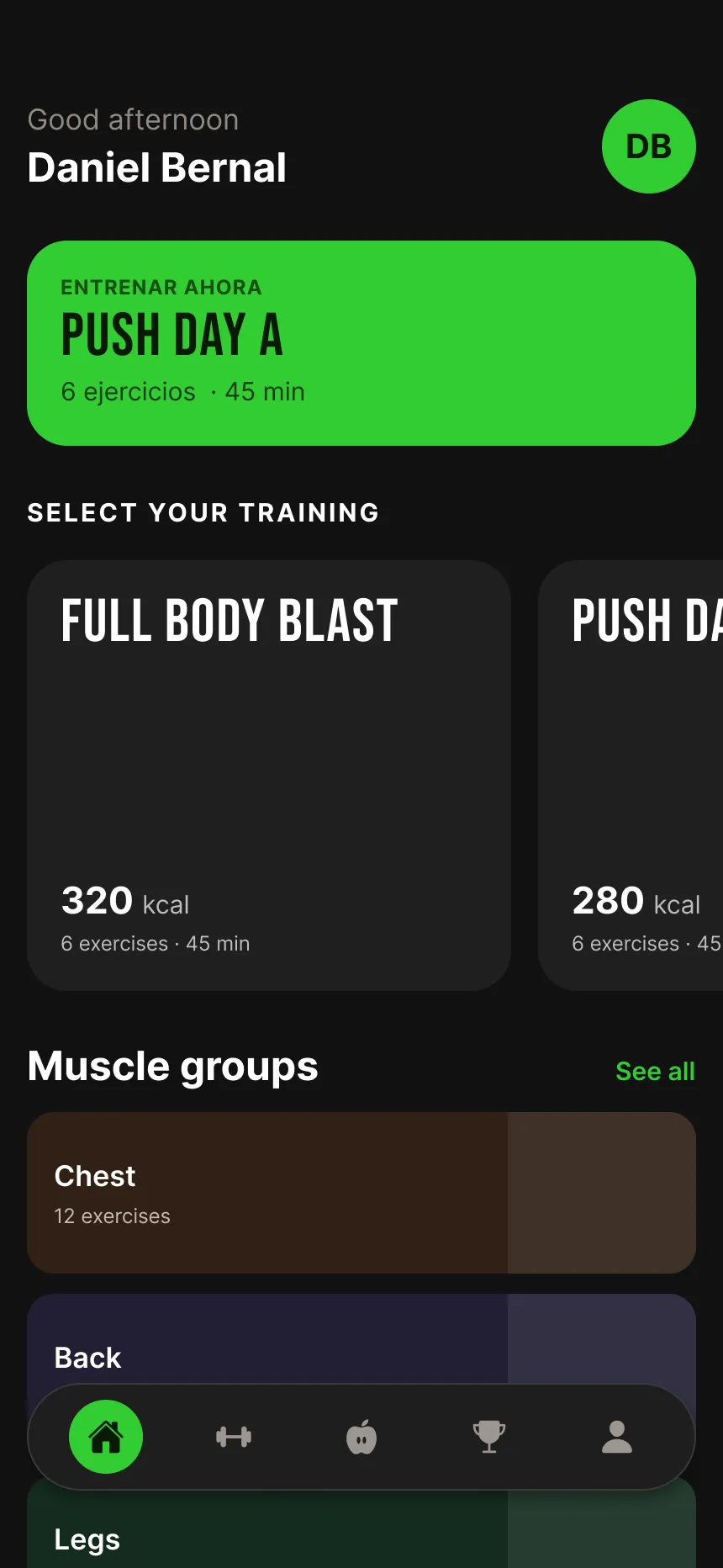 GymMind IA home screen with today's workout and nutrition summary
